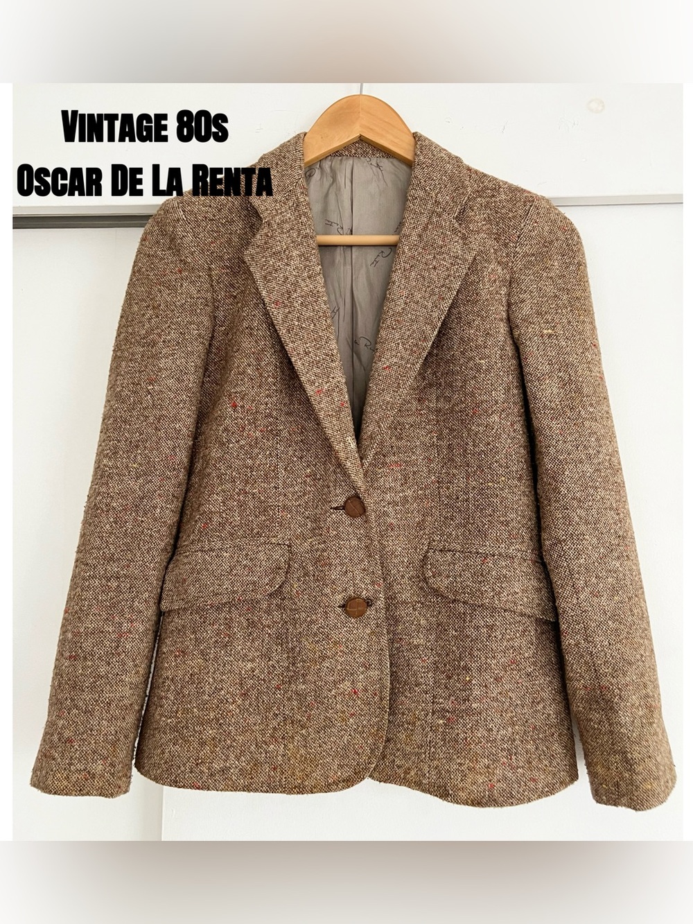 Vintage 80s Oscar de la Renta Brown Wool Tweed Blazer XS